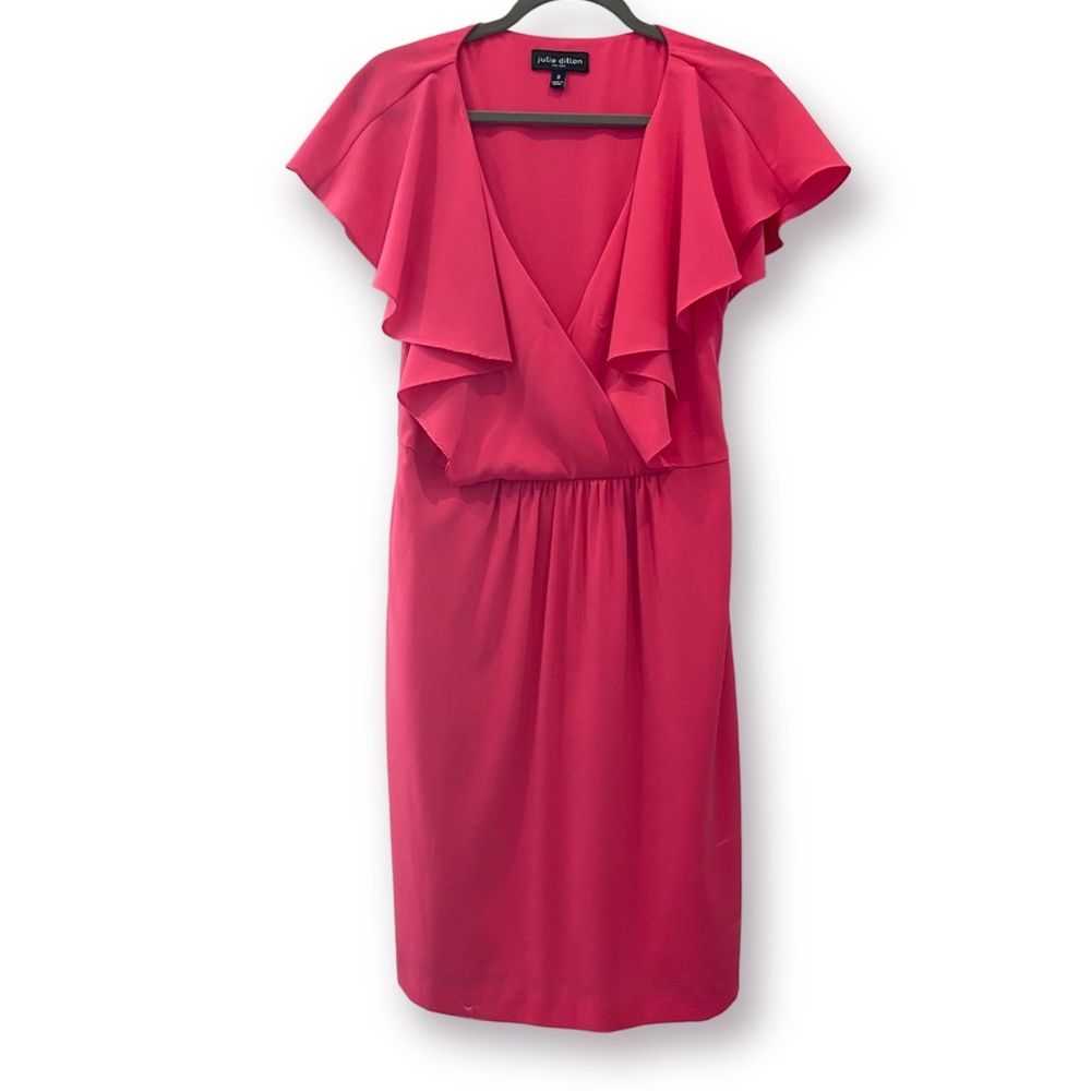 JULIE DILLON Hot Pink Silk Cocktail Dress Flutter Sleeves Size 8
